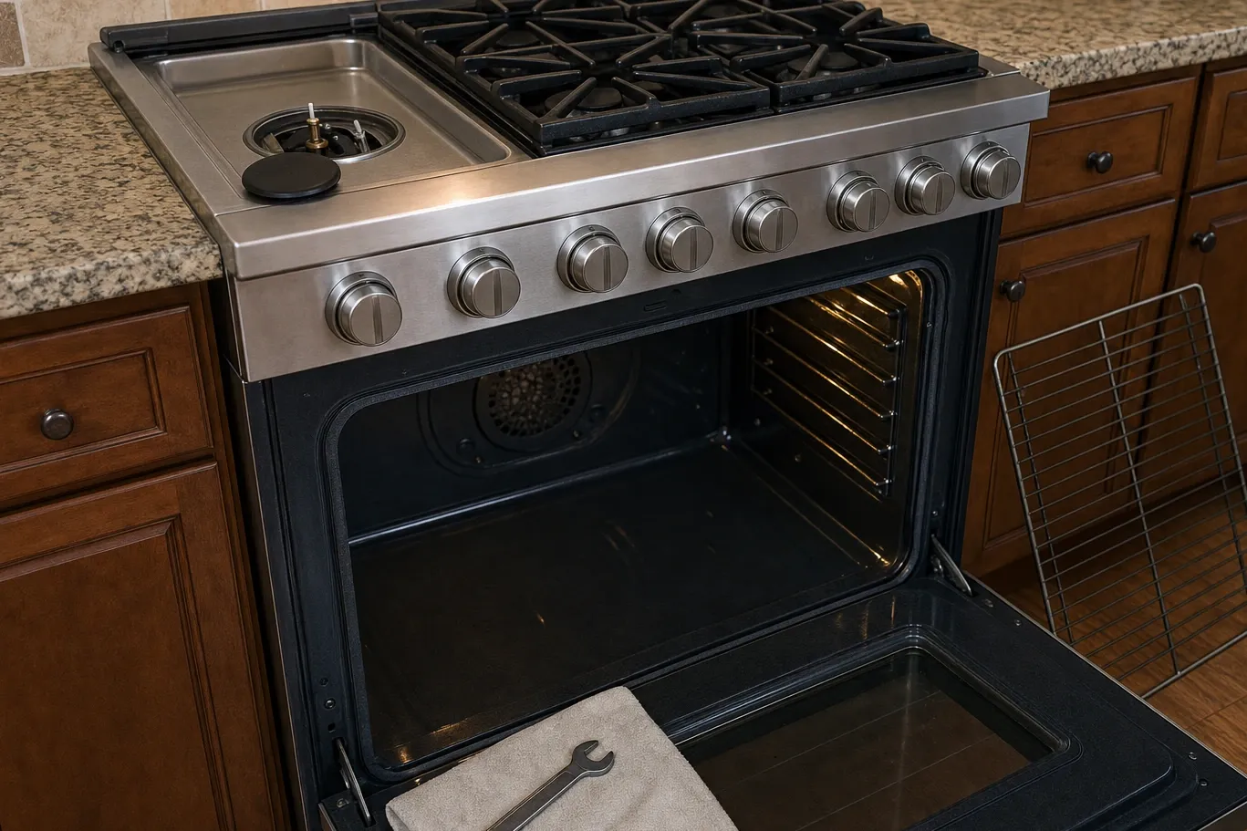 A professional stainless gas range with a griddle plate next to the cast-iron grates, one burner cap lifted off, and the oven door open onto an empty cavity