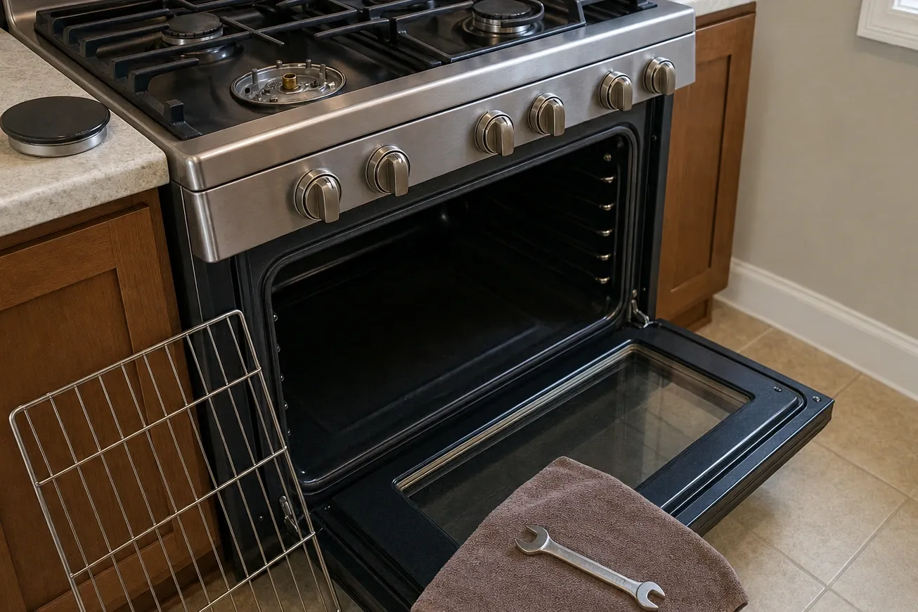 A gas range with the oven door dropped flat open on its hinges so the inner glass panel faces upward, a rack leaning against the cabinet and a wrench on a towel across the door