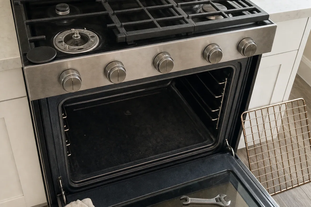 A gas burner taken completely apart on the cooktop, cap, ring and head removed and the bare burner base with its electrode standing in the well, the oven door open below